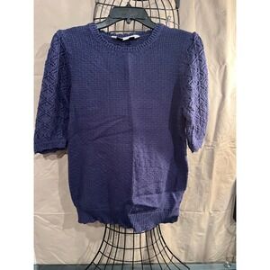 The Pioneer Woman Womens Navy Blue Knit Sweater Puff Sleeve Cropped